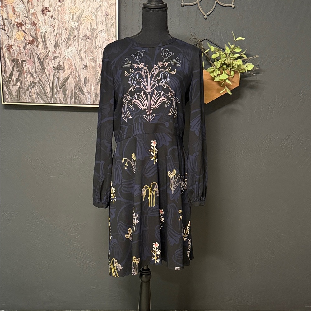 LOFT Navy Floral Long Sleeve Dress